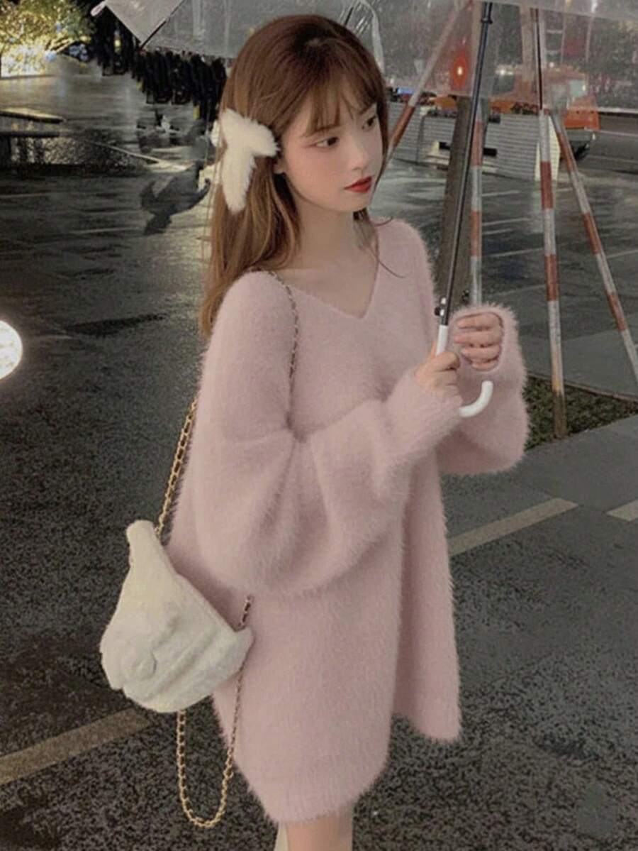 Women's Solid Color Loose V-Neck Long Sleeve Pullover Sweater Pink - Pink - View 1