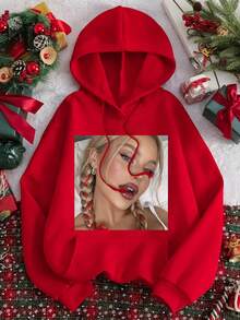 Customized Photo Y2K Style Women's Sweatshirt, Personalized With Photos Of Friends/Family/Couples/Pets/Landscapes, Great For Birthday/Anniversary/Valentine's Day/Christmas Gifts, Red Sweatshirt, Autumn/Winter, Party Season, Thermal Lined Sweatshirt, Music Festival, Party/Family Gathering, Winter Wear, Christmas Red Sweatshirt, Birthday Present - Red - View 2