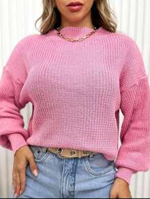 Women's Cropped Tricot Blouse Fang Point Puff Sleeve High Round Neck Winter - 淺粉色 - 查看 2