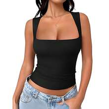 Playera Sin Mangas Mujer, Camiseta sin Mangas Mujer con Cuello Cuadrado, con Doble Forro y Cintura ceñida, para, Gimnasio, Yoga, Deportes y más - Negro - Ver 2