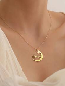 Personalized Crescent Moon & Star Name Necklace - Stainless Steel Custom Engraved Pendant, Elegant Minimalist Jewelry, Christmas Gift, Valentine's Day Gift, Birthday Anniversary & Daily Versatile Gift | Crescent Design | Fashionable Minimalist Necklace - 31874041 - View 4