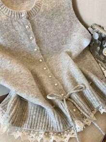 女士针织开衫，甜美蕾丝上衣，休闲学院风，春秋季 - 灰色 - 查看 5