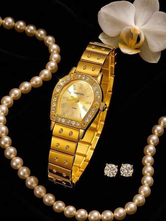 CARYINO 1 pieza Reloj pulsera de mujer CARYINO con esfera asimétrica, incrustado de diamantes de imitación, color dorado, cuarzo, pulsera de acero inoxidable de lujo y personalizado, adecuado para uso diario