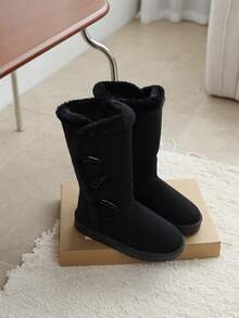 Teens' Autumn/Winter New Mid-Calf Snow Boots, Round Toe Buckle Closure, Fashionable Plush Lining Boots - Black - View 1