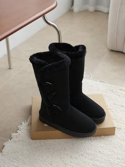 Botas de nieve de media pantorrilla nuevas para adolescentes en otoño/invierno, con puntera redonda, cierre con hebilla y forro de felpa de moda