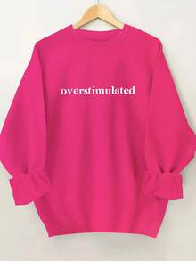 2025 New Women's Sweatshirt Round Neck Sweater For Women With "Overstimulated" Print - Soft Pink Casual Sweatshirt With Gathered Sleeves, Machine Washable, Comfortable Clothing For All Seasons Loose And Comfortable - 橄欖綠 - 查看 9