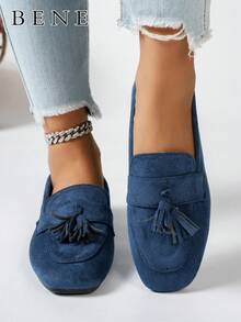 Women's Elegant Square Flat Green Suede Tassel Floral Pendant Loafers, Suitable For Spring, Summer, Autumn And Winter - Blue - View 2