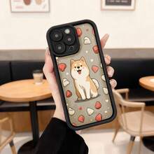 Cubierta de telefono con borde negro para iPhone 14 Pro Max diseño de perro shiba inu con corazones y patitas color beige para uso diario en cafeterias y salas de estar Aplicable a los teléfonos de la serie Apple y Galaxy - Café integral - Ver 1