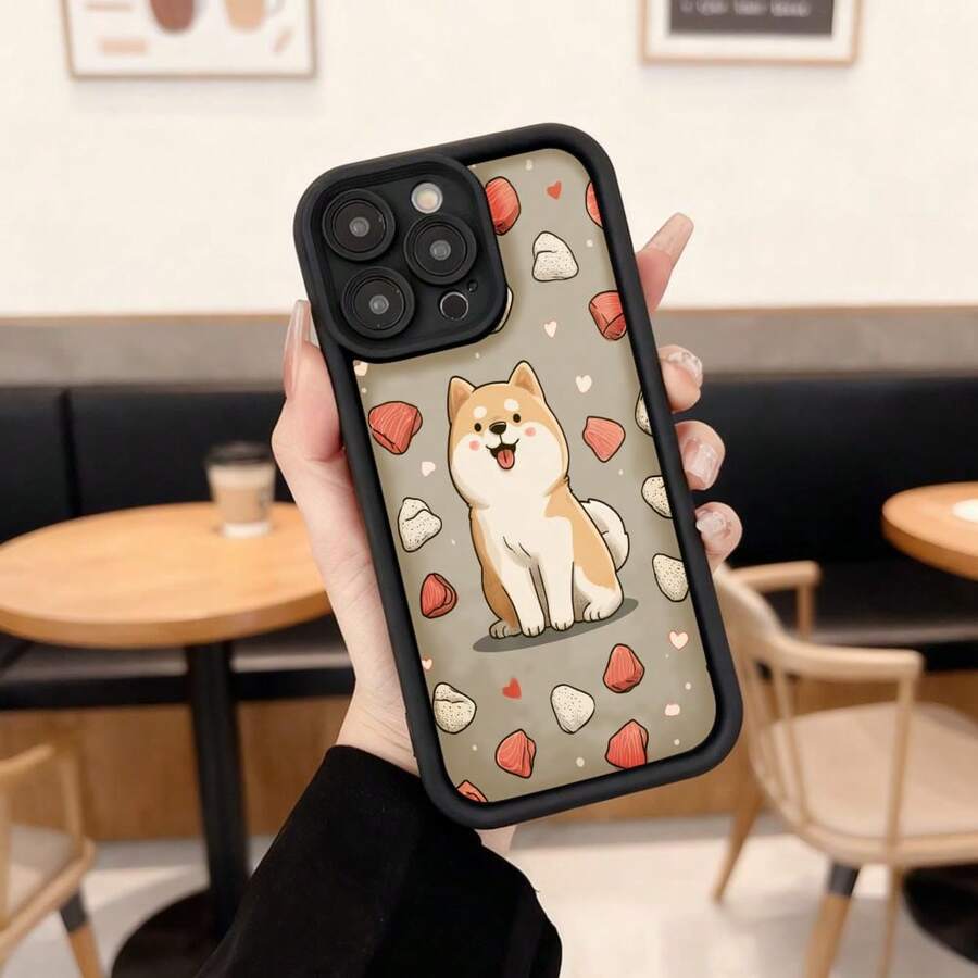 Cubierta de telefono con borde negro para iPhone 14 Pro Max diseño de perro shiba inu con corazones y patitas color beige para uso diario en cafeterias y salas de estar Aplicable a los teléfonos de la serie Apple y Galaxy - Café integral - Ver 1