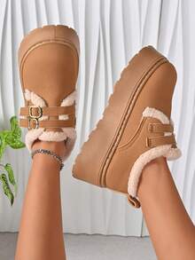 秋冬季女士厚底雪地靴，保暖内衬，带毛皮 - 棕色 - 查看 6