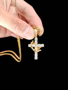 1件立方氧化锆十字架及可活动皇冠吊坠，搭配3毫米不锈钢扭链项链，男女皆宜的嘻哈朋克十字架吊坠项链，时尚优雅复古首饰，适合日常佩戴或派对，情人节礼物 - 金黃色 - 查看 7