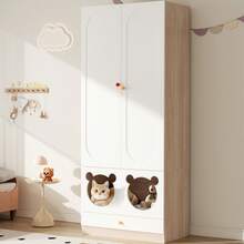 Children's Wardrobe 80x50x200 Cm, With Hanger And Integrated Cat Niche, Colored Ceramic Handles, White And Natural Wood, Lacquered Panels - 白色 - 查看 2