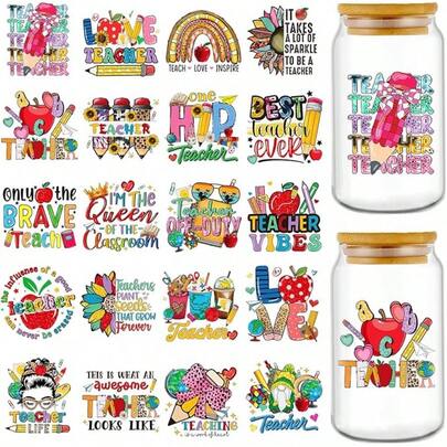20 Sheets UV DTF Cup Wraps For 16 Oz Glass, Leopard Print Back To School Classroom Stickers For Water Bottles, Flower Rub On Transfer Decals, DIY Teacher Gift