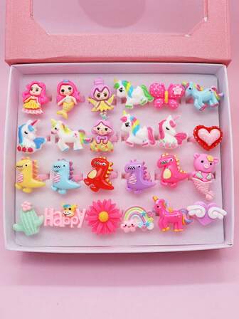 10 st/set små flickor juvelringar flerfärgade fina djur tecknade ringar låtsaslek och klä upp ringar för dotter barnbarn födelsedag julklappar, slumpmässig stil