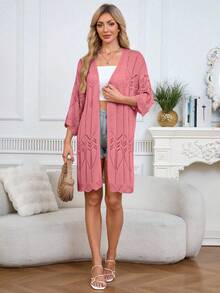 Plus Size Elegant Thin Cardigan, Mid-Length Women Knit Sweater - Pink - View 4