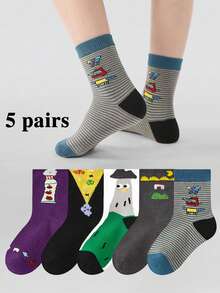 5 Pares de Meias Novas de Outono e Inverno para Meninos e Meninas, Meias de Menino Cartoon, Adequadas para Uso Diário - Multicolorido - Visão 1