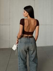 Women's Off-Shoulder Cropped Top With Short Sleeves, Plain, Casual, Basic, Double Fabric, Suplex Fabric. - Rỉ Nâu - Xem 3