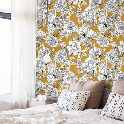 1 Roll Of Self-Adhesive Yellow Background White Hand-Painted Flower Pattern Wallpaper, Thickened PVC Light Luxury Personalized Art Entrance Staircase Wallpaper Waterproof Easy To Clean And Tearable, Suitable For Bedroom Living Room Bathroom Background Wall Kitchen Cabinet Drawer Furniture Renovation, DIY Dormitory Office Supermarket, Home Decoration