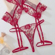 Sexy Lace See Through Mesh Provocative Lingerie Three Piece Set, Metal Buckle Decorative Shoulder Strap Bra+Thong+Leg Ring, Seductive Game Skirt, Couple Flirting Lingerie, Valentine's Day Gift - 酒紅色 - 查看 9