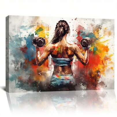 Framed-Women With Dumbbell Oil Painting On Canvas Printing, Gym Wall Decoration, Women's Exercise Wall Art, Fitness Canvas Printing, Framing And Ready Hanging