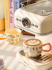 1 cană ceramică cu model floral colorat de iepure, cană ceramică adorabilă cu iepure 3D și detalii vibrante pe mâner, potrivită pentru cafea, cereale, decor de primăvară pentru casă și ocazii de Paște