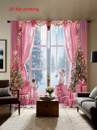 Set de 2 cortinas semitransparentes decorativas de arte moderno plano 2D con diseños de árbol de Navidad, Papá Noel y copos de nieve para sala de estar y dormitorio