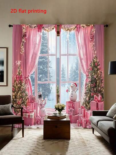 2pcs/Set 2D Flat Modern Art Christmas Tree, Santa Claus, Snowflake Decorative Semi-Blackout Sheer Curtains For Living Room, Bedroom