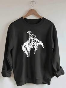 Women'S Oversized Cowboy Riding Horse Graphic Sweatshirt - Western-Themed Long Sleeve Pullover With Round Neck, Soft Warm Fabric For Fall Winter - 黑色 - 查看 1