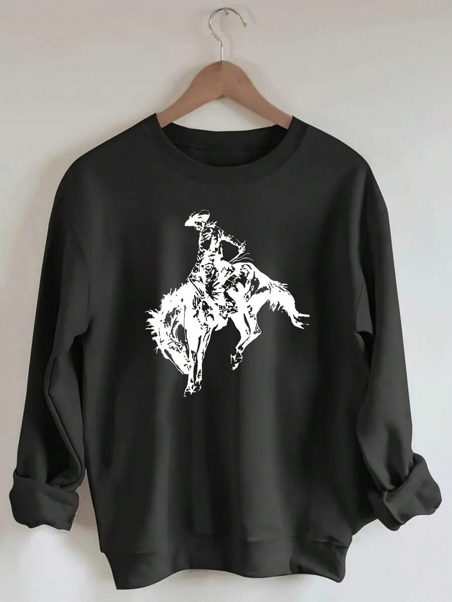 Women'S Oversized Cowboy Riding Horse Graphic Sweatshirt - Western-Themed Long Sleeve Pullover With Round Neck, Soft Warm Fabric For Fall Winter - 黑色 - 查看 1