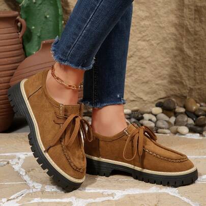 复古绒面革厚底系带女士休闲鞋，轻便减震，时尚百搭，适合日常穿着