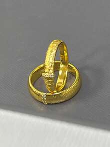 1pc Vintage French Luxury Brushed Finish Antique Style Wide & Narrow Couple Rings, Suitable For Women's Daily Wear - Gold - View 8