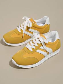 1 Pair Women's Lace-Up Casual Shoes, Color Block Patchwork Sports PU Leather & Mesh Sneakers, Outdoor Wear All Season, Solid Yellow, Lightweight Casual Flat Shoes