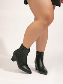 宽版女式欧美时尚侧拉链舒适粗跟优雅派对舞会中筒黑色靴子 - 黑色 - 查看 1