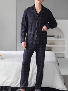 2pcs Men's Plaid Knit Robe Sleepwear Set With Pants, Breathable And Moisture Wicking, Spring & Autumn, Fall Winter Clothes