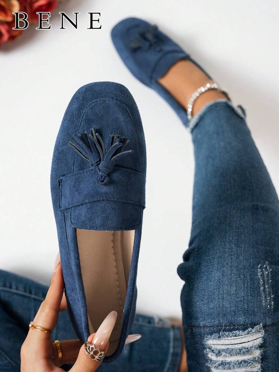 Ladies' Elegant Square Flat-Toed Green Suede Tassels And Floral Pendant Loafers Are Suitable For Spring, Summer, Autumn And Winter - Màu xanh lam - Xem 1