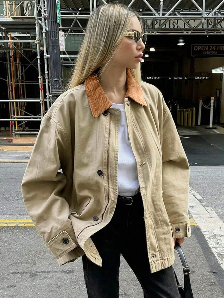 Autumn Winter Women's Single-Breasted Padded Jacket With Lapel Collar, Long Sleeve Pockets Loose Coat