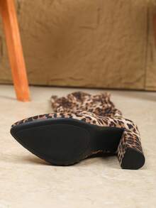 Plus Size Women's Leopard Print Sexy Elastic Side Zipper Over-The-Knee Boots, High Heel, Wide Calf, Fashion, Autumn/Winter - Apricot - View 5