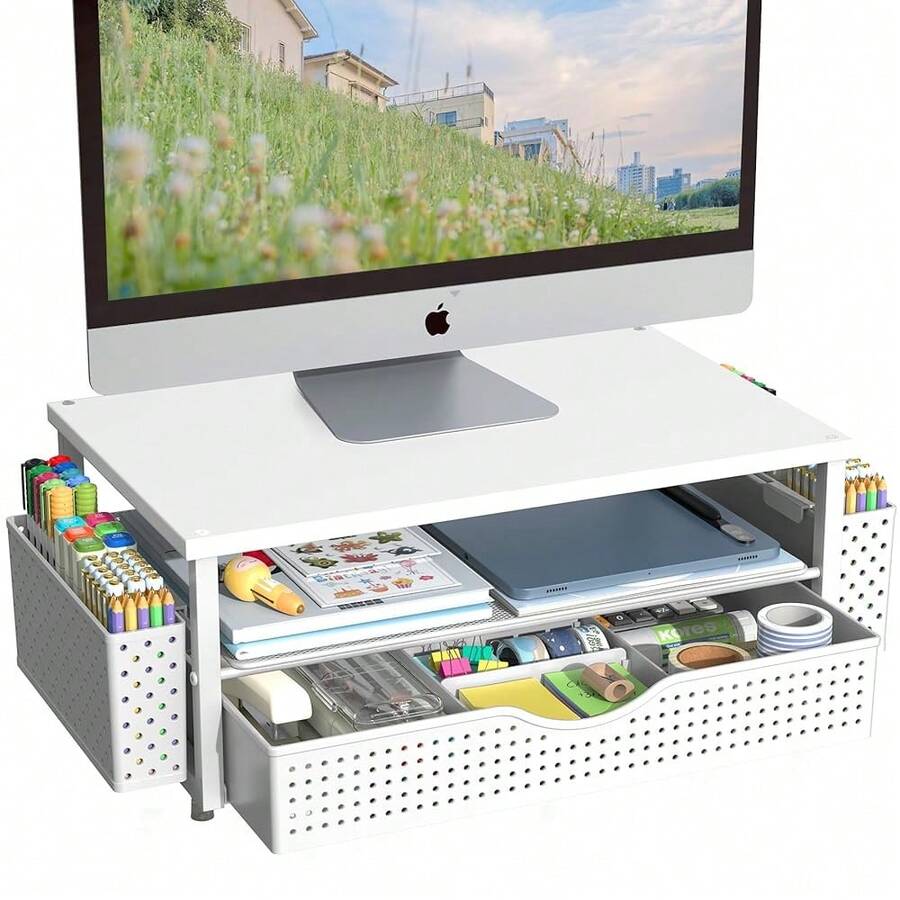 Desk Organizer And Accessories, Computer Monitor Stand Riser With Drawer And 2 Pen Holders, Office Desk Accessories & Workspace Organizers For Office Supplies (White){Inchcolor_nameinch:InchWhiteinch} - 白色的 - 查看 1