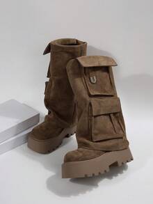Autumn/Winter New Brown Fashion Boots, Versatile Thick Sole Vintage European Style Pocket Pleated Feeling Fashion Boots, Slimming, Fashionable, Elegant, Comfortable Women Boots - Khaki - View 4