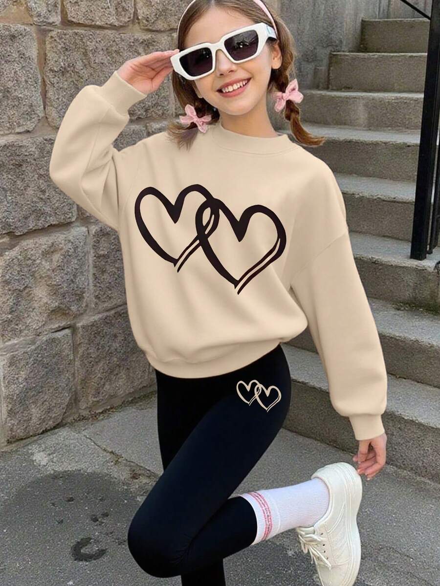 Conjunto de sudadera y leggings con estampado de doble corazón, estilo lindo y dulce para niña. Suave y cómodo, para uso diario en la escuela en primavera y otoño. - Albaricoque - Ver 1