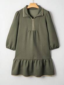 Acelitt Women's Jungle Green Quarter Zip Collar 3/4 Sleeve Textured Mini Knit Dress, Autumn Elegant - Green - View 3
