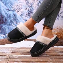 Pantuflas planas de ocio cómodas con forro de felpa suave, unicolor con ribete de encaje, forradas térmicamente, adecuadas para otoño e invierno