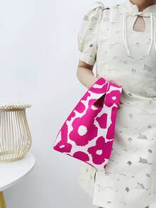 lulu kewen 1pc Floral Pattern Crochet Handbag, Mini Crochet Tote Bag With Floral Design, Breathable And Lightweight, Foldable Pocket Suitable For Storing Phone, Umbrella, Cosmetics, Fashion Women Handbag For Vacation, School, Commuting - Hot Pink - View 4