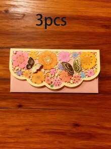 3个传统红包，优雅红包钱礼品袋，可撕可封，适用于农历新年、婚礼和生日，纸质材料，礼品卡信封