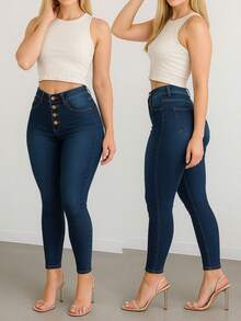 Women's Skinny Jeans With 4 Buttons, Softened Premium Fabric, Shaping, High Waist, Butt-Lifting With Lycra - Màu xanh hải quân - Xem 1