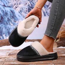 Pantuflas planas de ocio cómodas con forro de felpa suave, unicolor con ribete de encaje, forradas térmicamente, adecuadas para otoño e invierno
