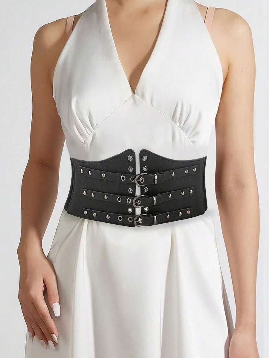 1件装女士黑色街头风裹腰弹力腰带连衣裙，适合万圣节派对、聚会或日常通勤穿着