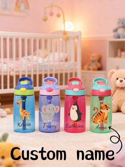 Personalized Kids Water Bottle, Customizable With Name, Cute Animal Shaped Straw Cup, Suitable For Boys And Girls, Leak-Proof Design, Ideal For School And Travel, 2025 Customized Gift For Toddlers And Preschoolers, Children's Party Favor