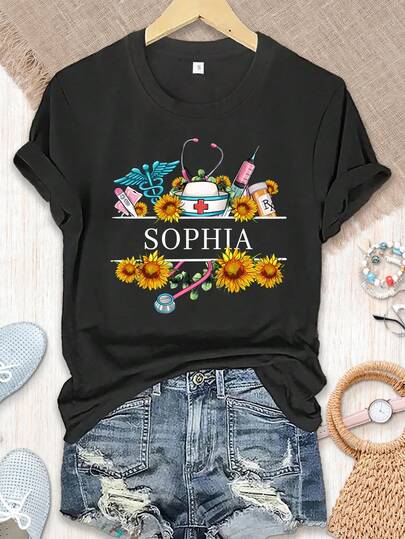 Camiseta Personalizada de Enfermera - Diseño Temático Personalizado de "Sophia" con Estetoscopio y Girasol, Regalo Perfecto para Graduados de Enfermería, Semana de la Enfermera o Cuidado Diario, Estilo Casual, Adecuada para Todas las Estaciones, Ropa Casual| Camiseta temática| Tela de poliéster