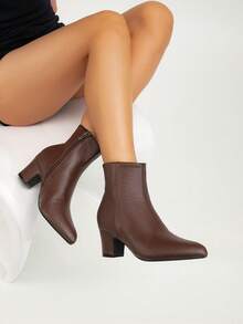 Fall/Winter Women's Fashion Chunky Heel Boots, Versatile Zipper Closure Elegant Pointed Toe Sexy Party Ankle Boots, Autumn,Burgundy Heels - Coffee Brown - View 4